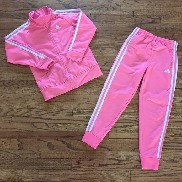 Adidas Girl's Kid's Core Tricot Tracksuit Barbie pink and white size 6X VGUC - Picture 1 of 9